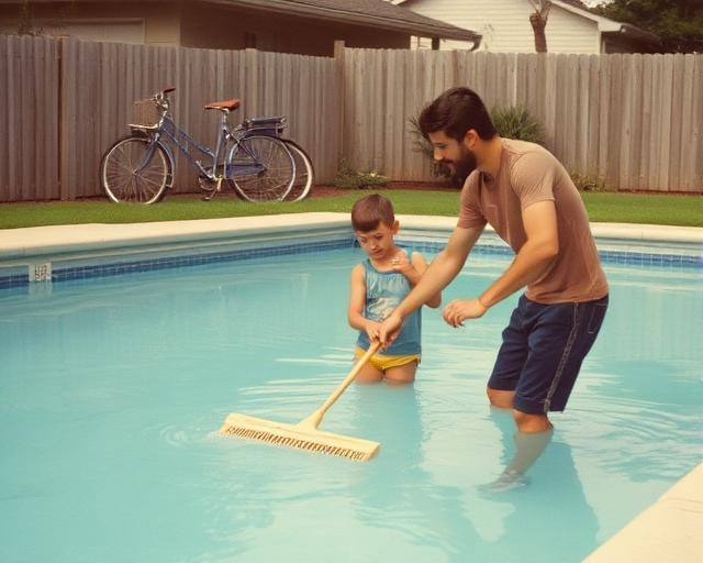 Homem e menino limpando piscina com escova, bicicleta ao fundo