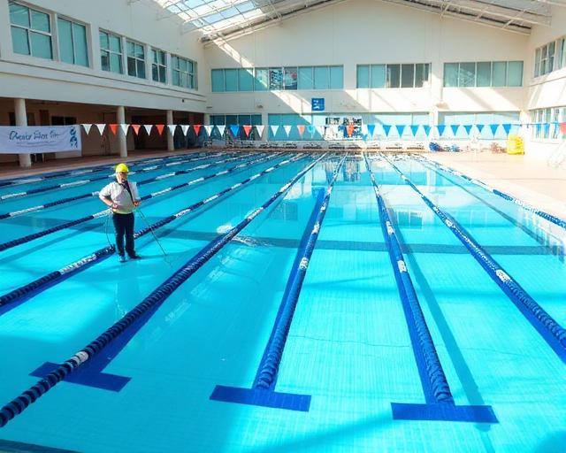 Piscina semiolímpica coberta com raias e funcionário de capacete na borda